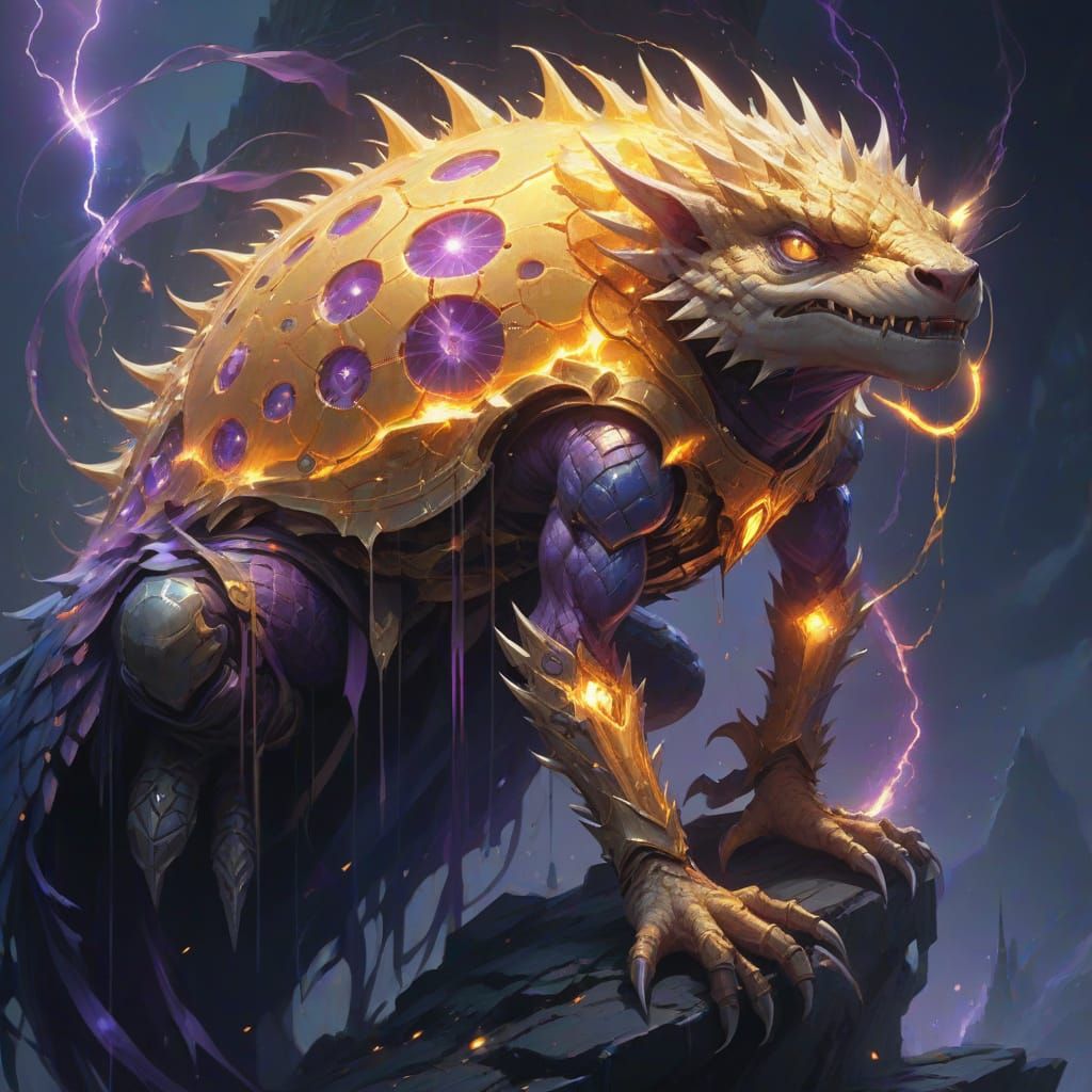 Fierce Purple-Haired Creature on Golden Platform