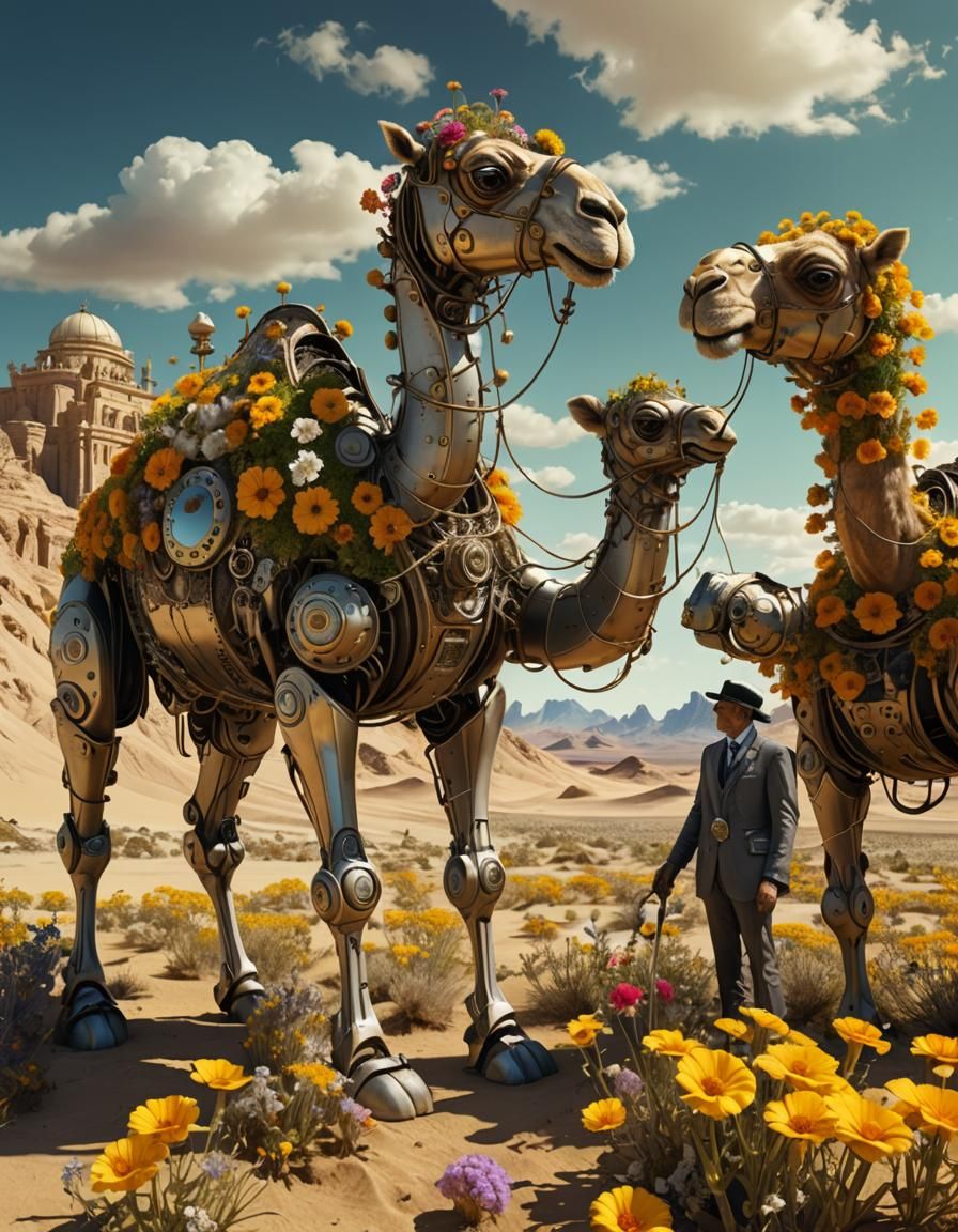 Steampunk Robot Camels in Surreal Desert Landscape