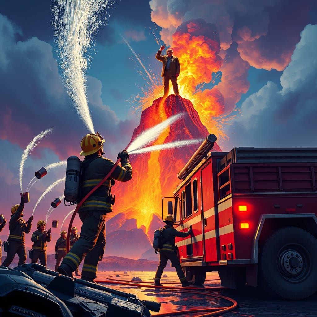 A firefighter was trying to hose a volcano with water. He wa...