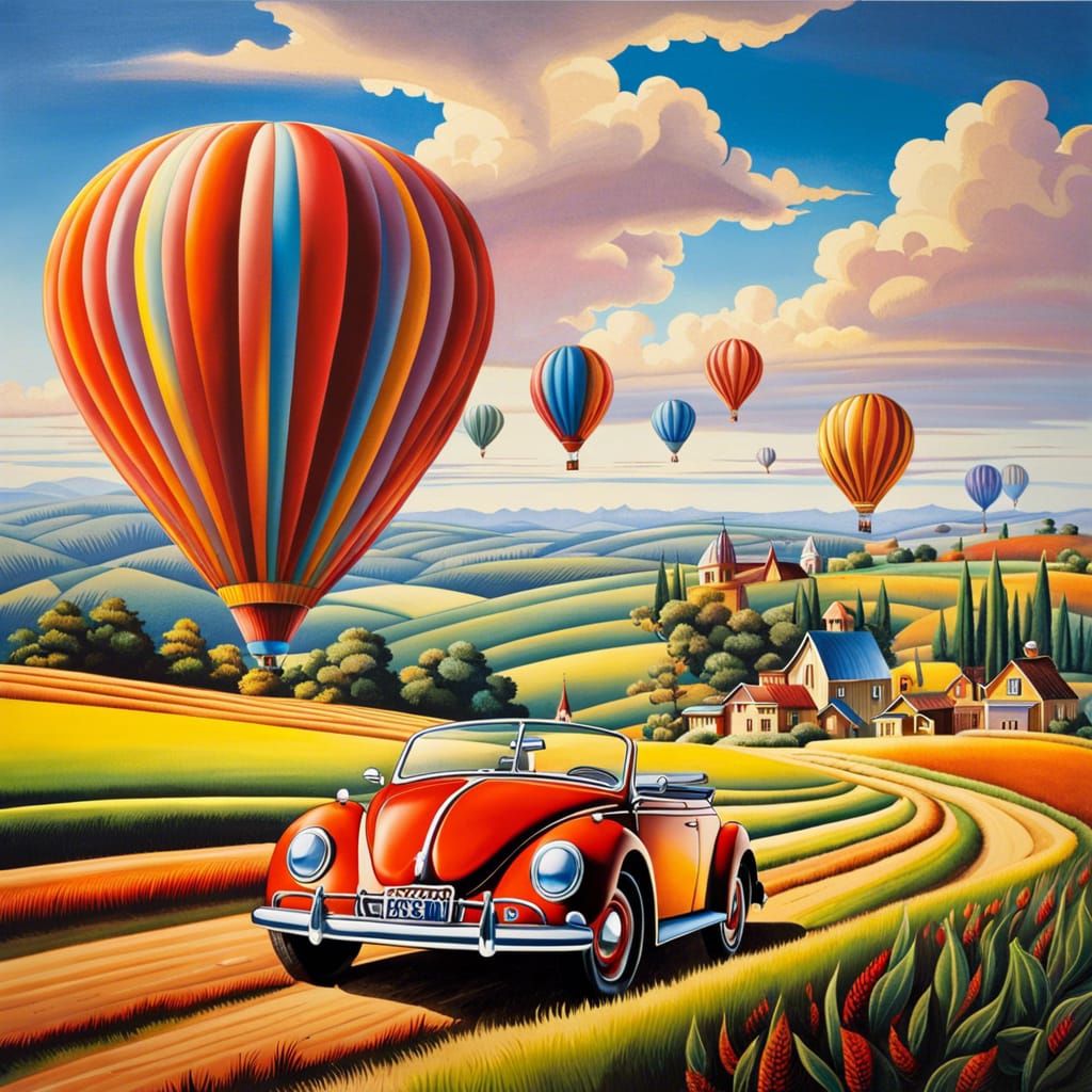 Steampunk Volkswagen Beetle Balloon in Oil Painting Style