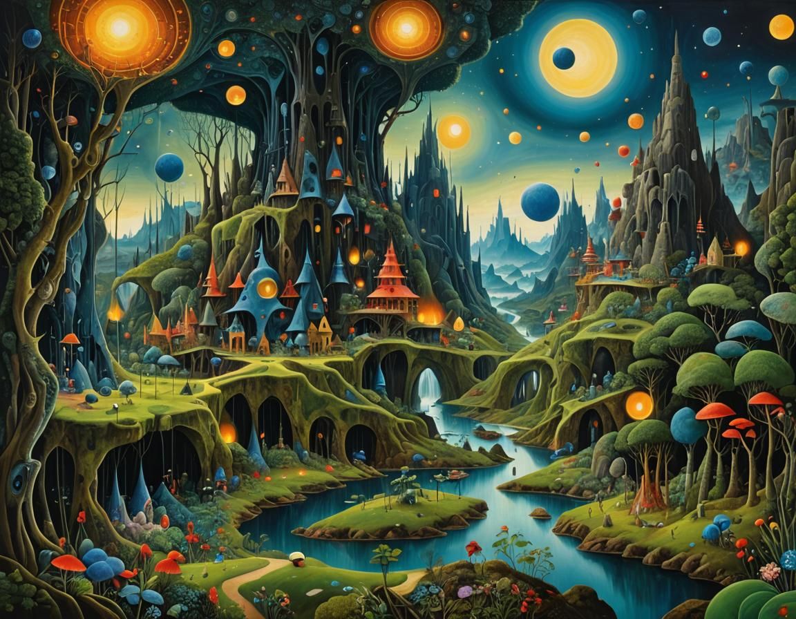 Mystic Landscape in Hundertwasser, Bosch, and Dali Style