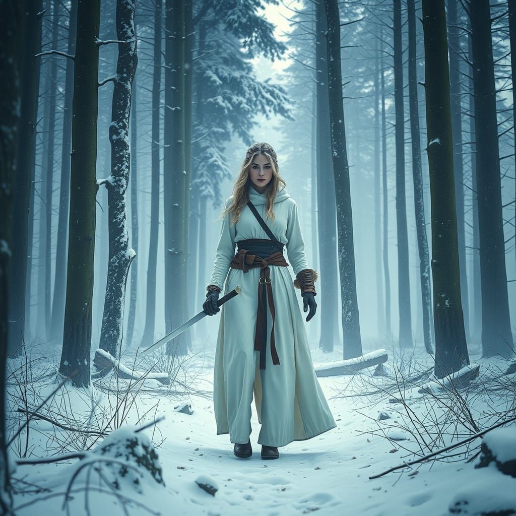 Snowy Forest Warrior in Hyperrealistic Style