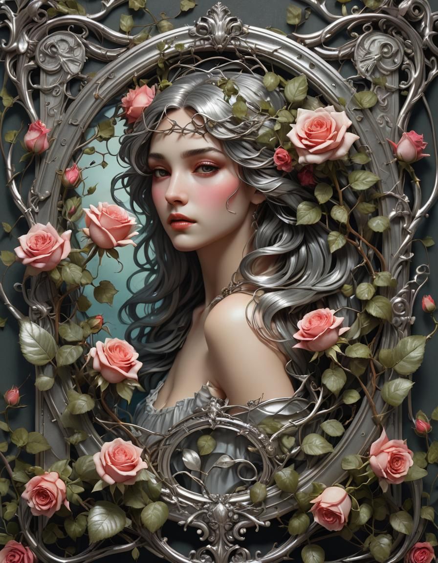 Rose Vines Entwined on Silver Frame Portrait