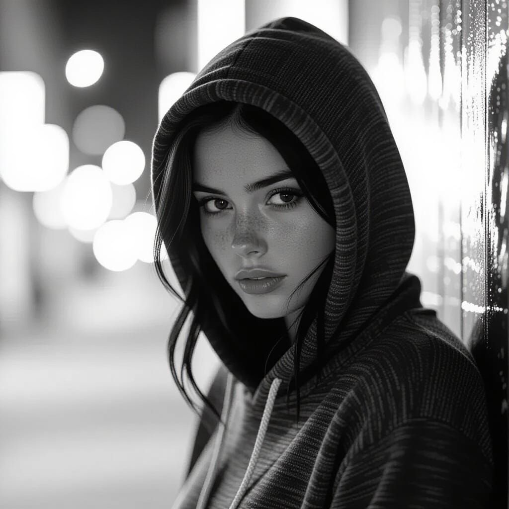 Frightened Woman in Dark Cityscape, Film Noir Style