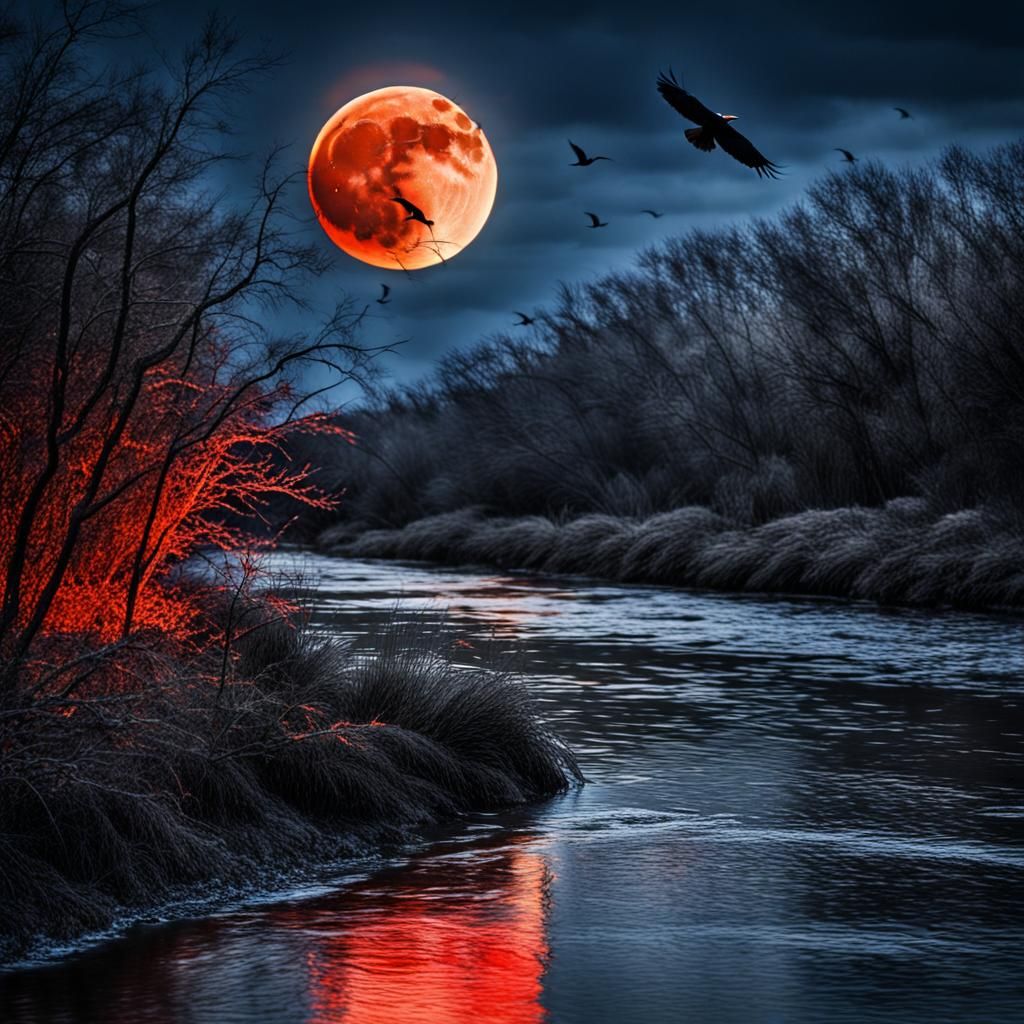 River on Fire Under a Red Moon