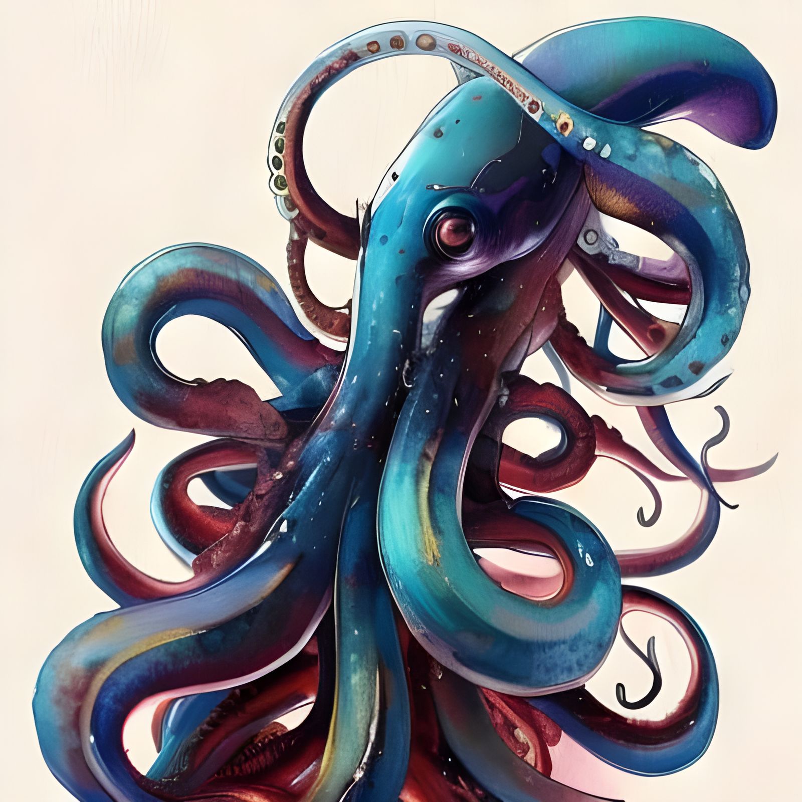 Detailed Squid Painting with Watercolor Calligraphy