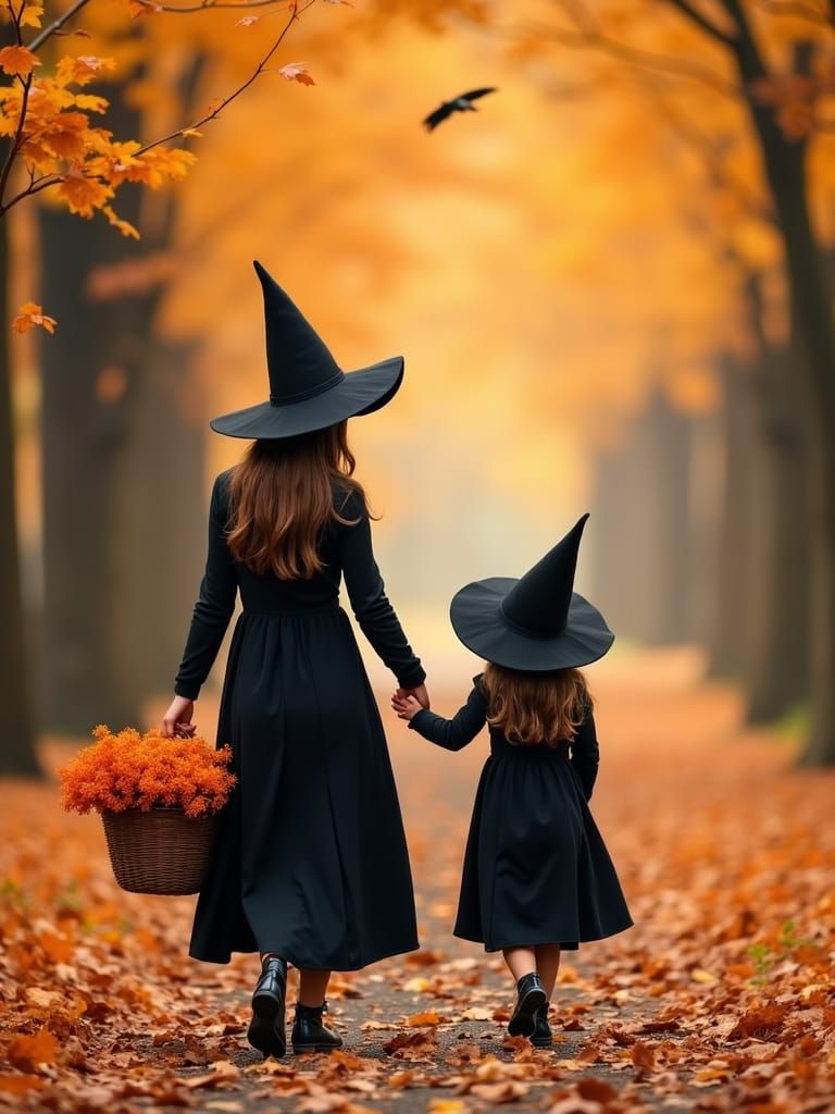 Magical Autumn Day with Mother and Daughter