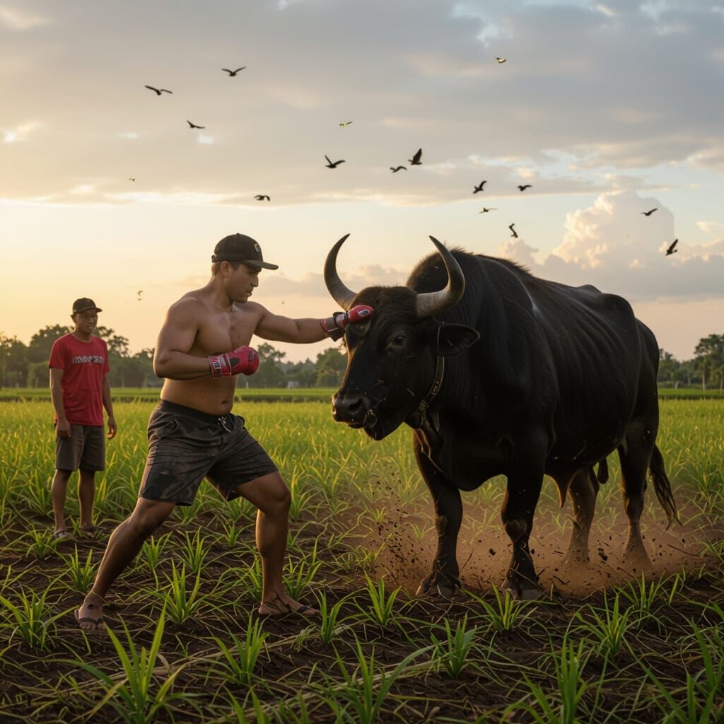 Bodybuilder vs Buffalo in Rice Field, Kandl Style