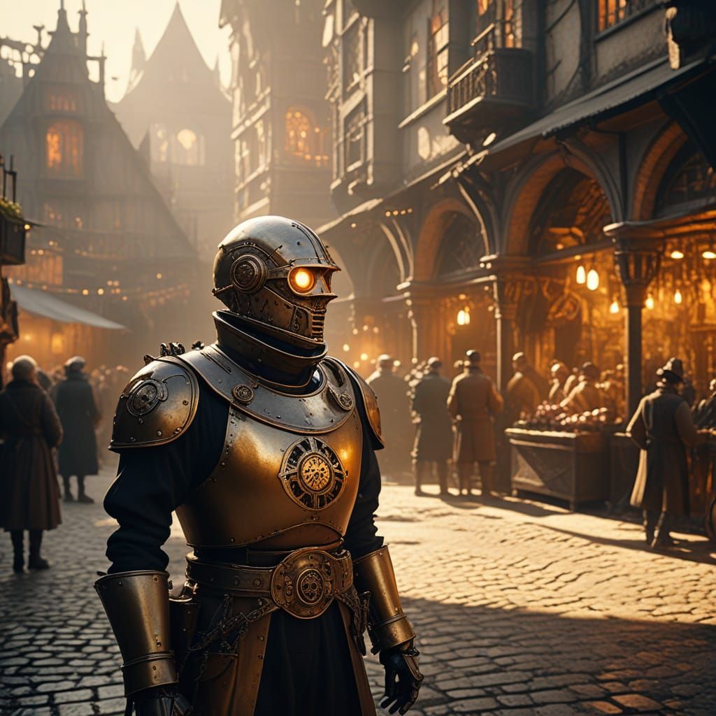 Automaton in Medieval Marketplace: Dieselpunk Film Still