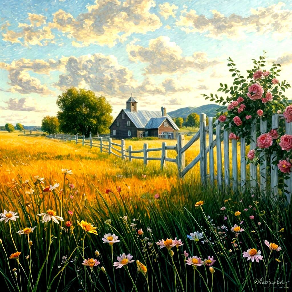 Wildflower Field Farmhouse in Neo-Impressionist Style
