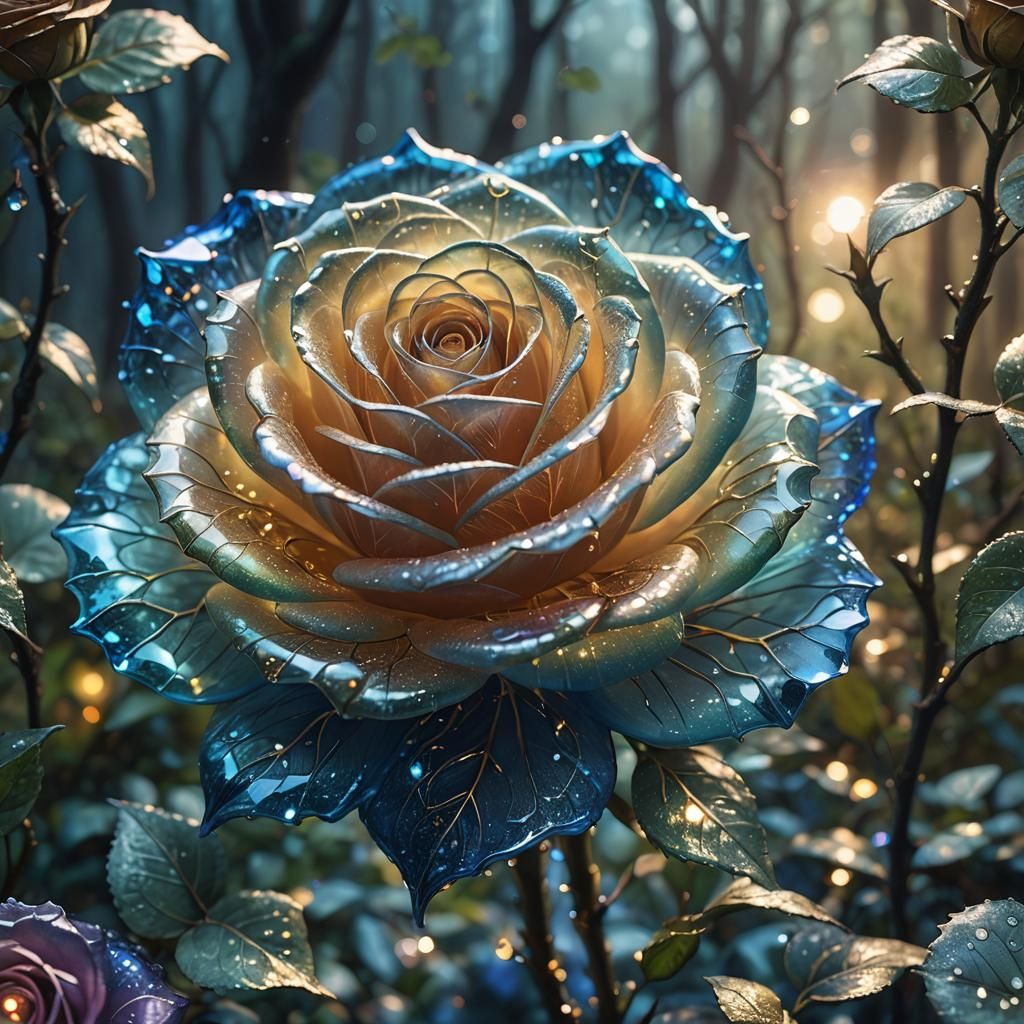 Blue Glass Rose in Mystical Forest