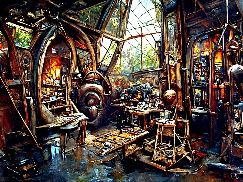 Whimsical Art Workshop with Stained Glass, Hyperrealistic