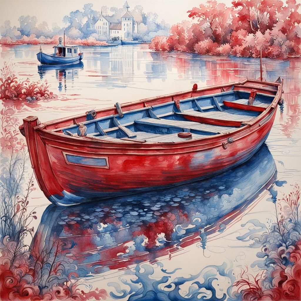 Idyllic Dichromatic Riverscape in Ink Wash Style