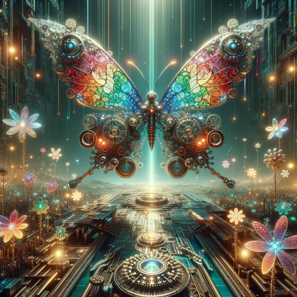 Biomechanical Butterfly in Futuristic Garden, CGI Art