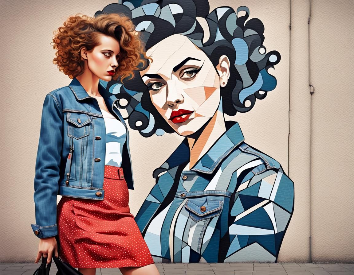 Abstract Cubist Drawing: Woman in Rockabilly Dress