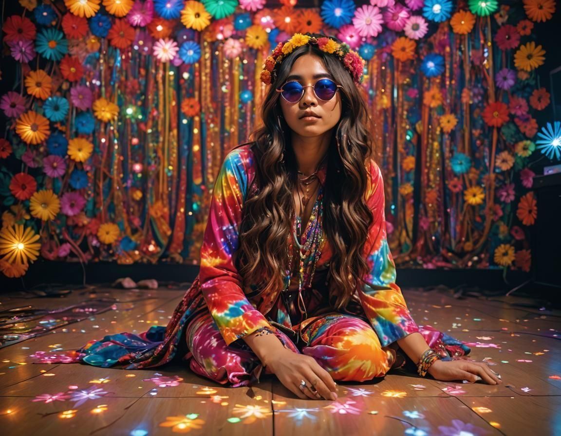 Asian Hippie Girl in Psychedelic Discotheque