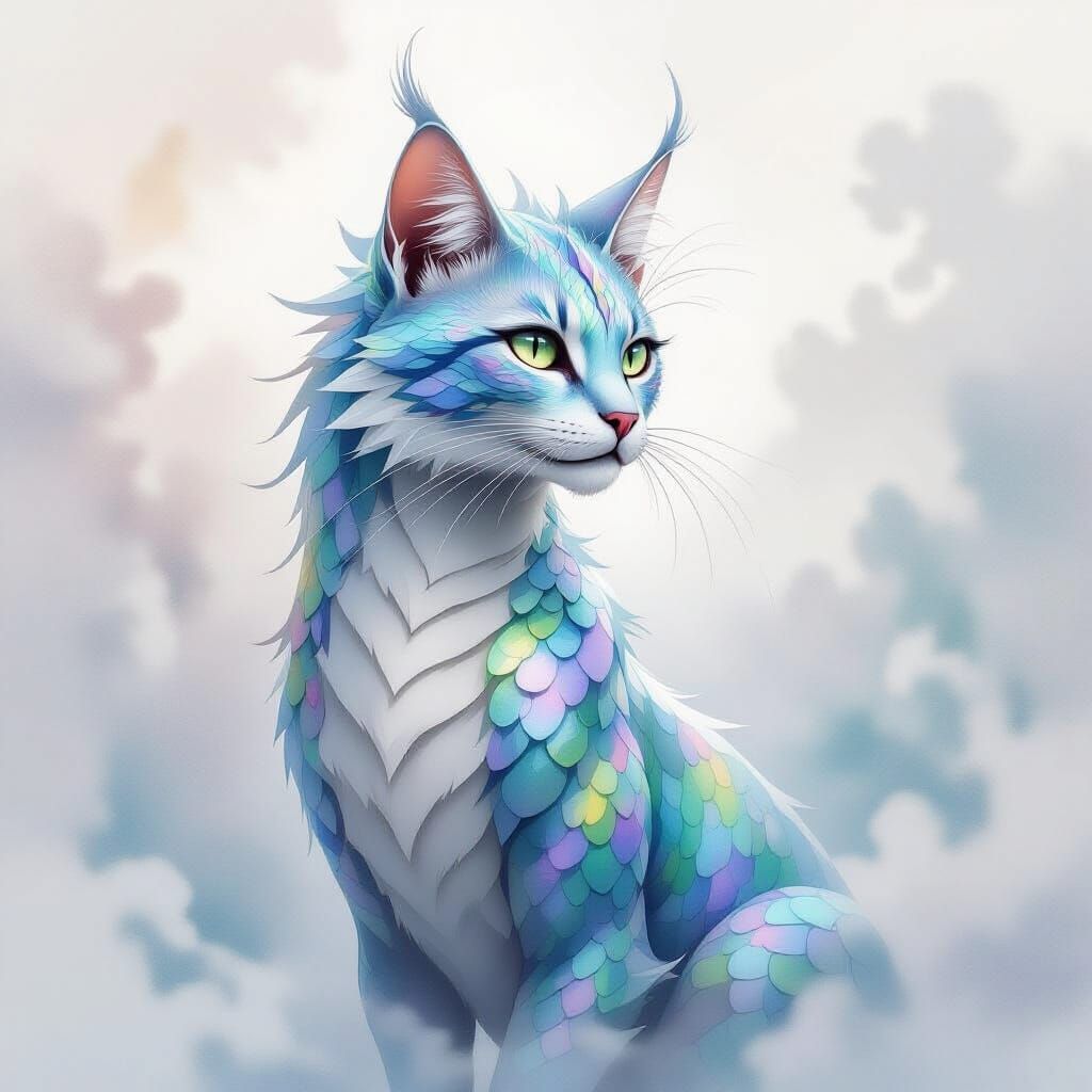 Catdragon in Mystical Mist, Watercolor Style