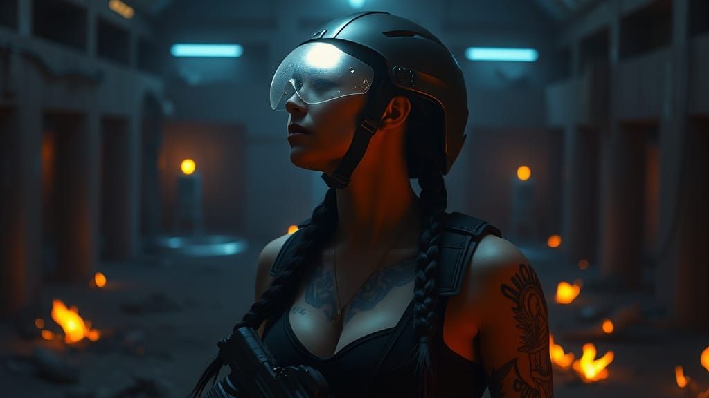 Tactical Tattooed Woman in Damaged Room: Cinematic Film Stil...