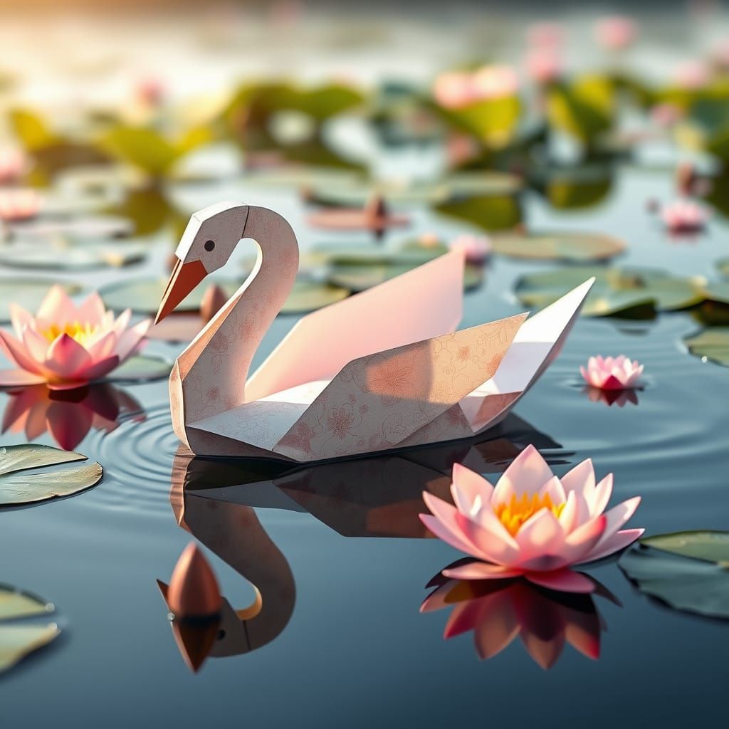 Origami Swan Glides on Pond in Japanese Style