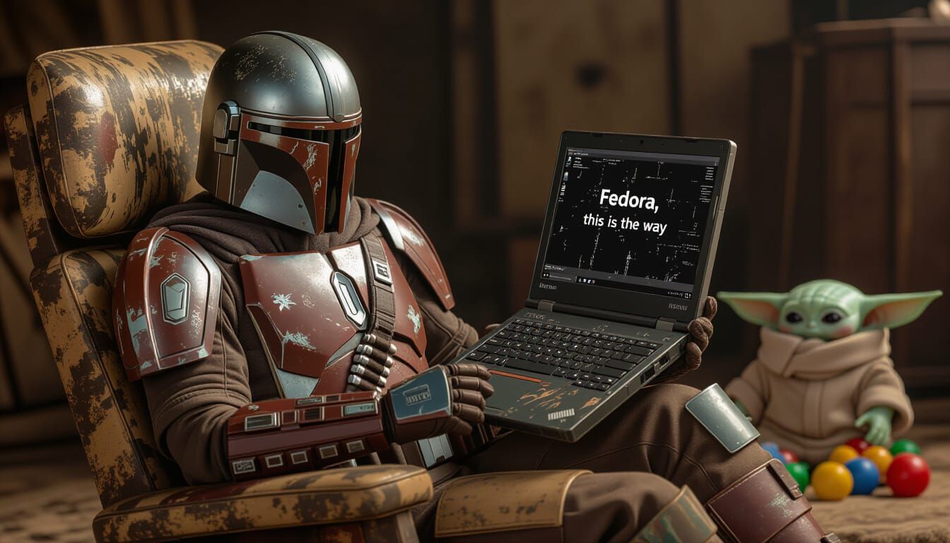 Mandalorian Using Fedora Linux, in Sci-Fi Style