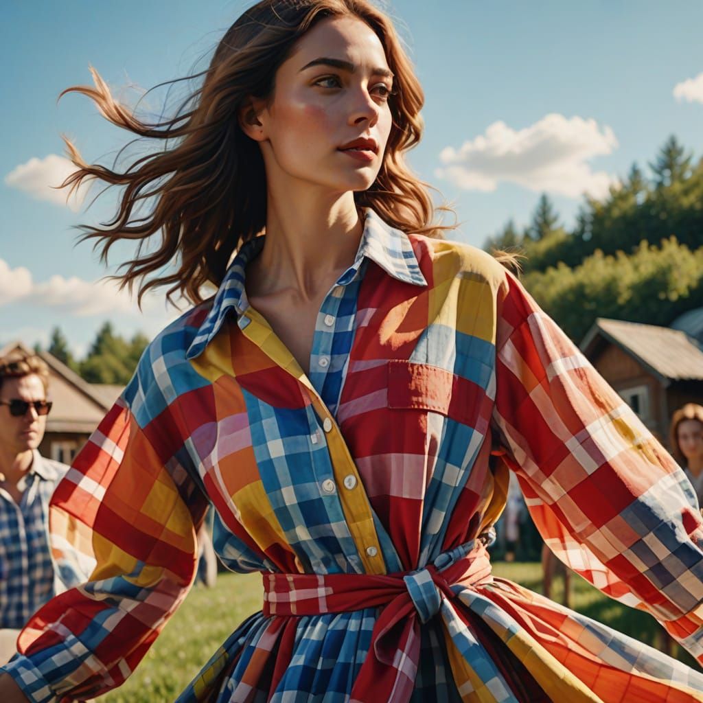 Vibrant Gingham Fashion in Cinematic Oil Painting Style