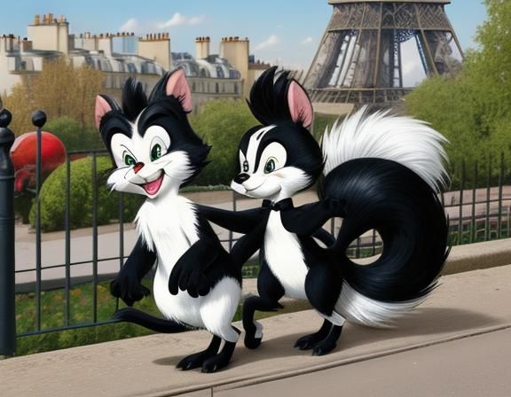 Pepe Le Pew, a French anthropomorphic striped skunk in pursuit of Penelope Pussycat, a black female cat, whom Pepé mista...