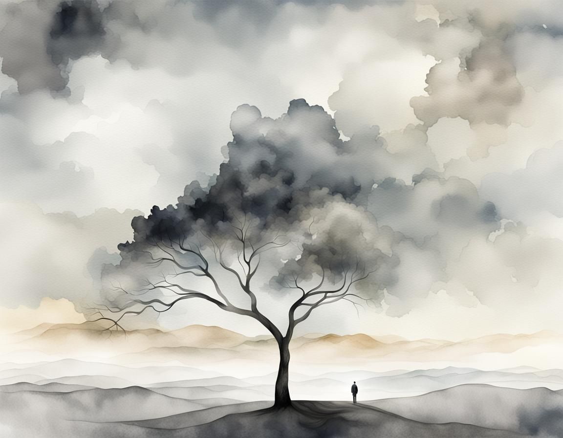Dreamy Watercolor: Abstract Grey Landscape with Lone Tree