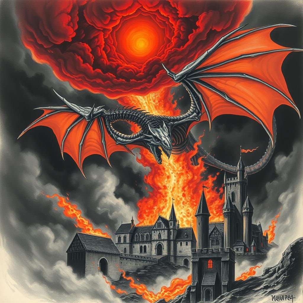 Medieval Village Under Siege by a Fiery Skeletal Dragon