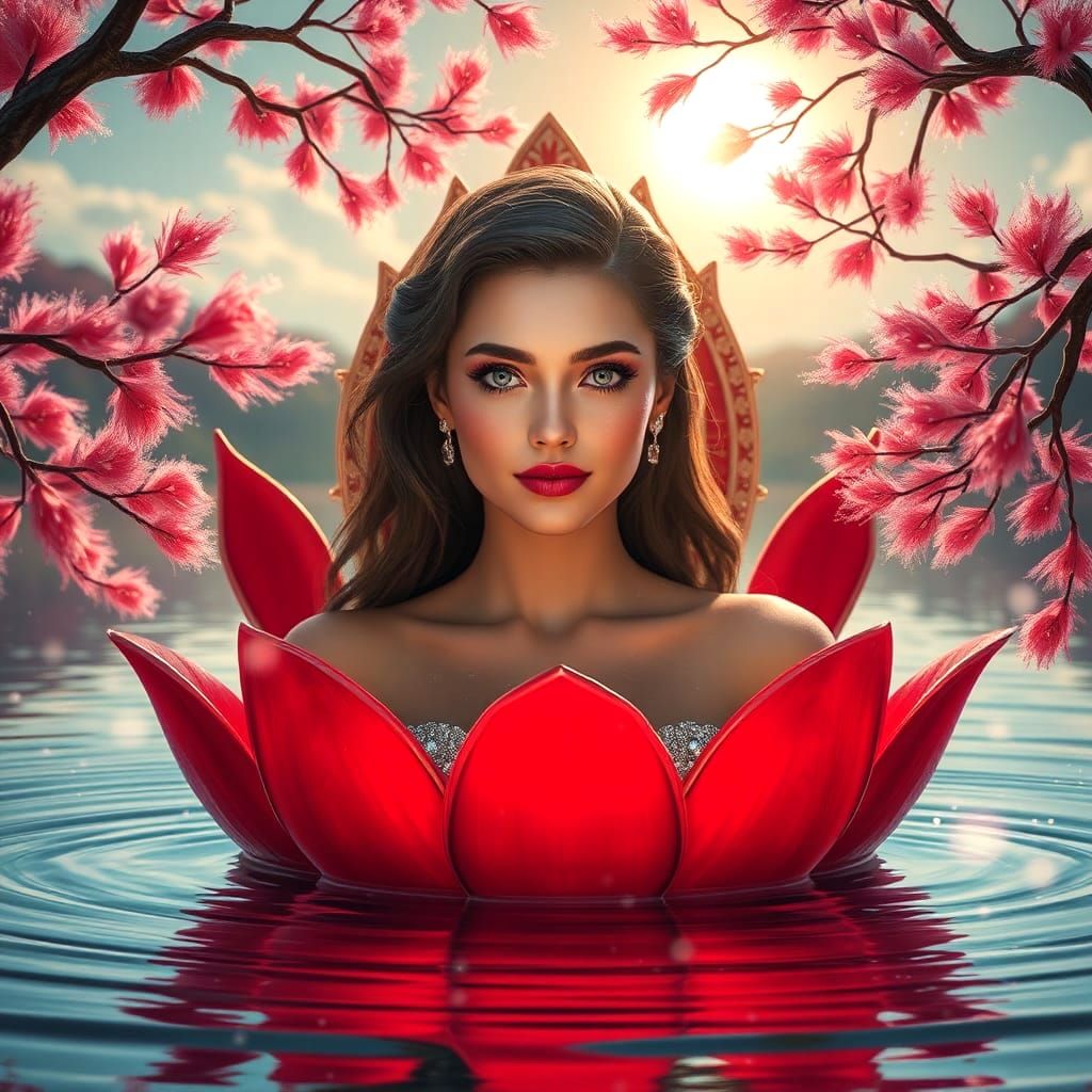 Woman Under Red Lotus Leaves: Detailed Digital Painting