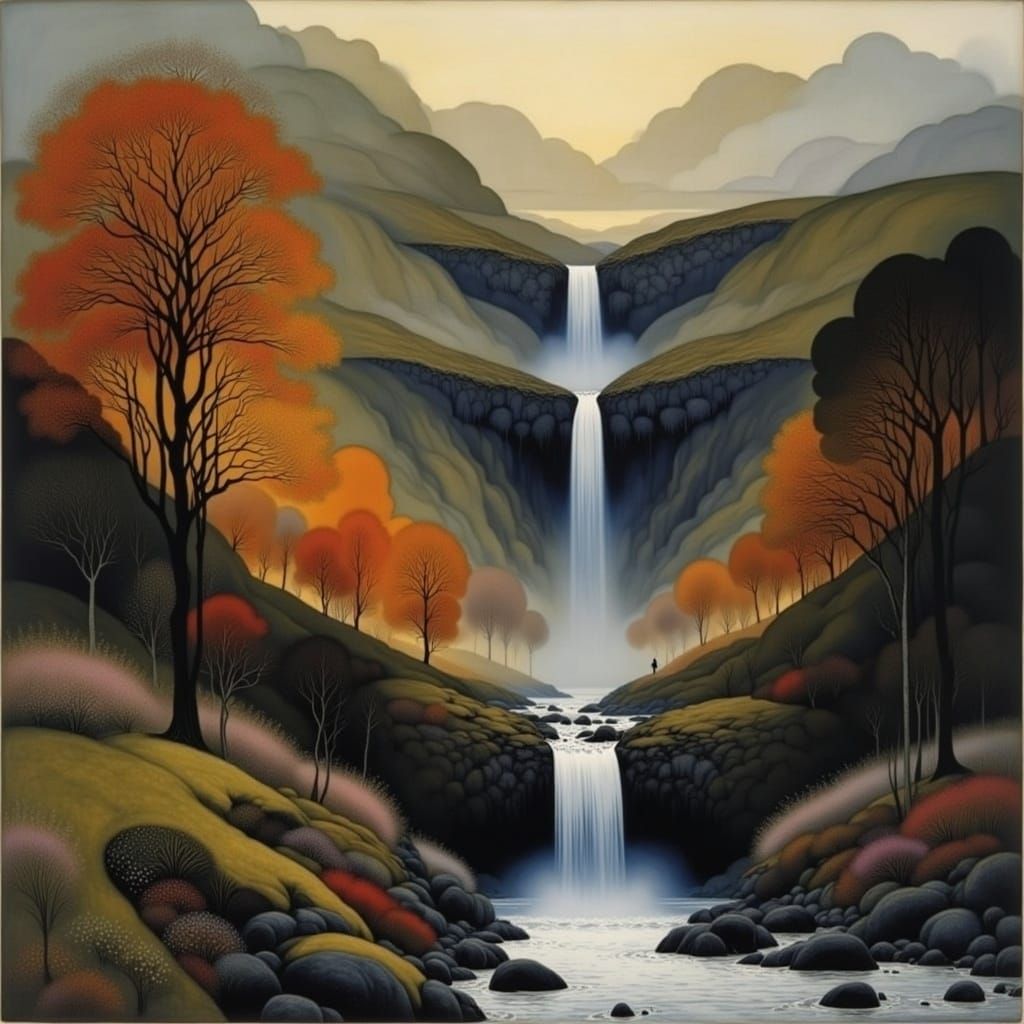 Misty Sunrise Waterfall in Intricate Valley