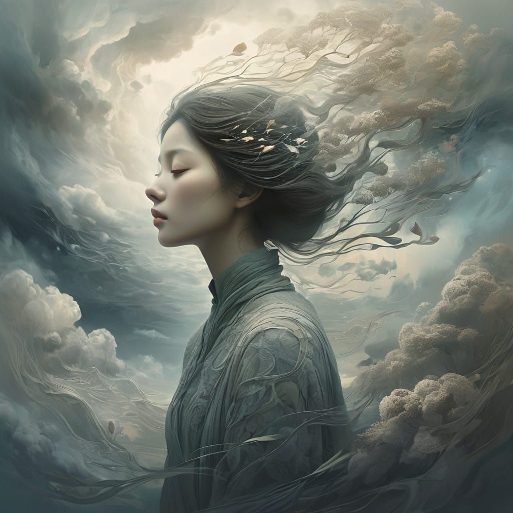 Dreamlike Woman in Soft, Whispy Clouds