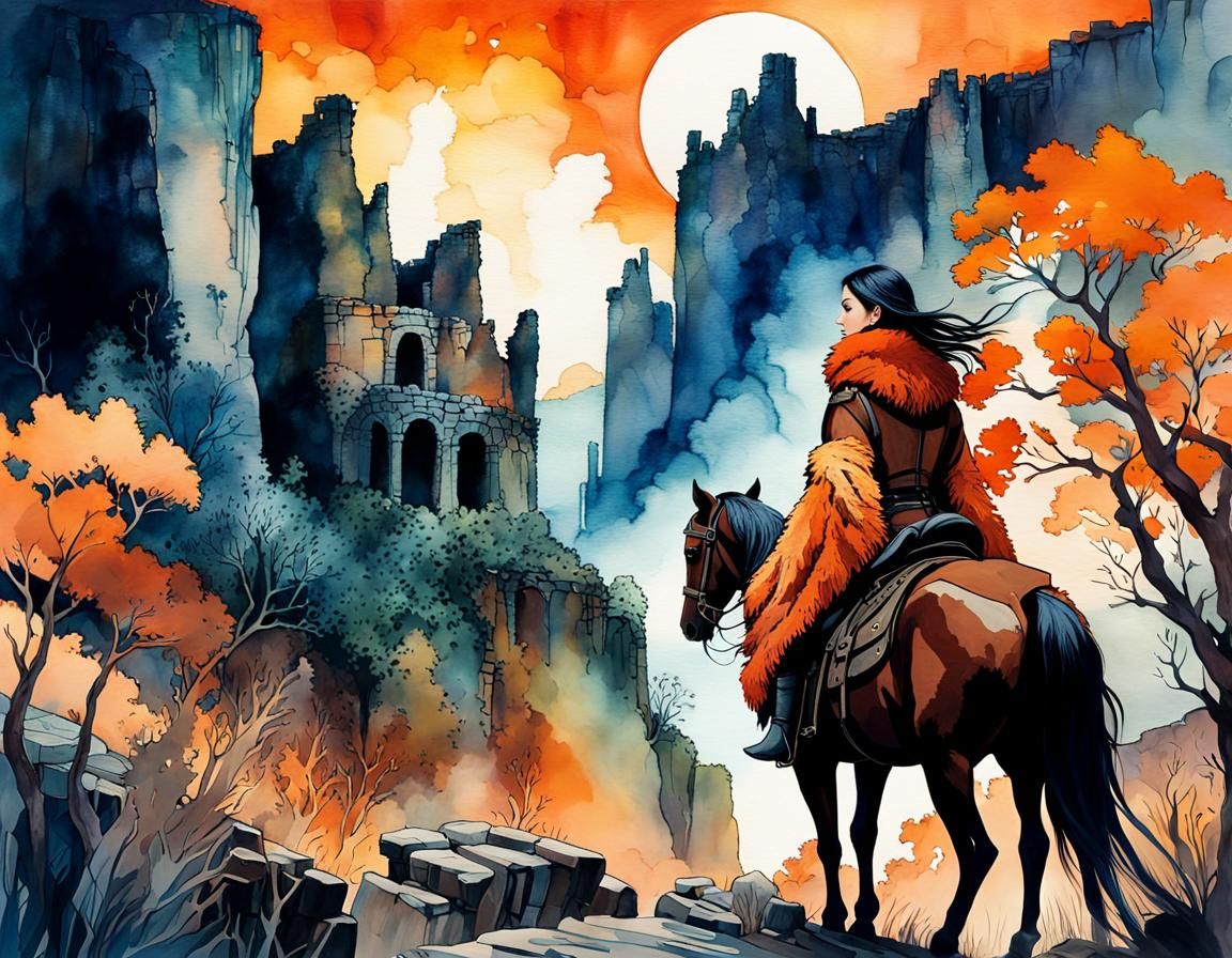 Woman on Horseback Overlooking Ruins in Alcohol Ink