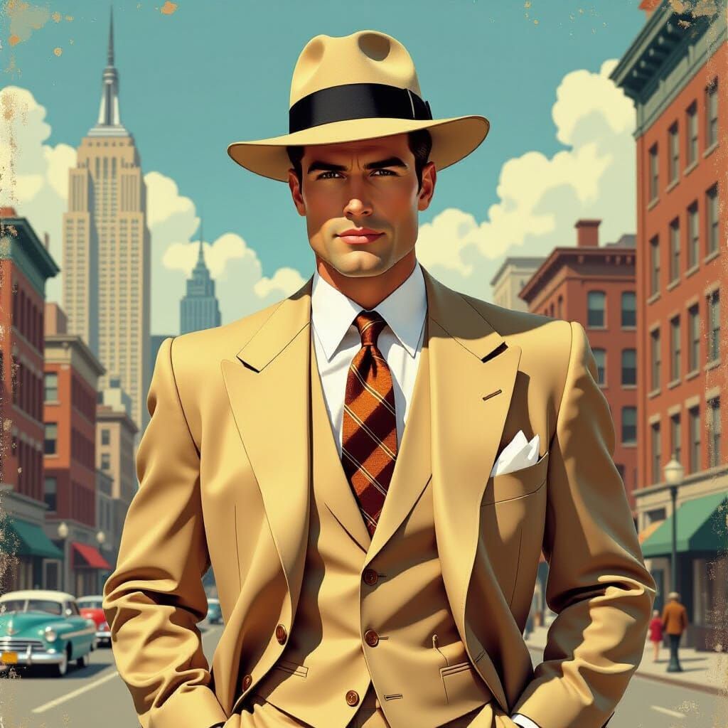 Retro-Futuristic Businessman in 1950s Cityscape
