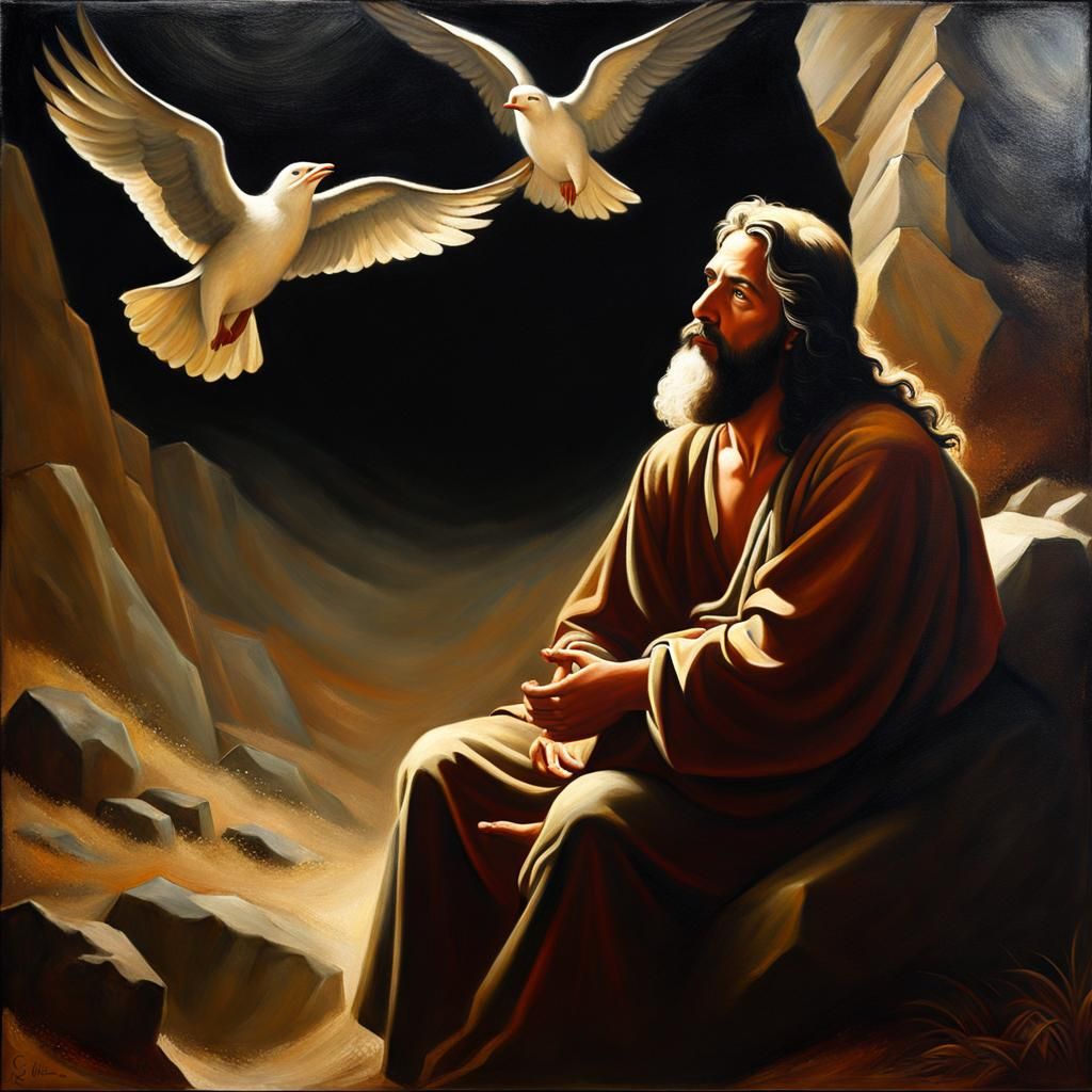 Jesus Tempted in Wilderness: Oil Painting
