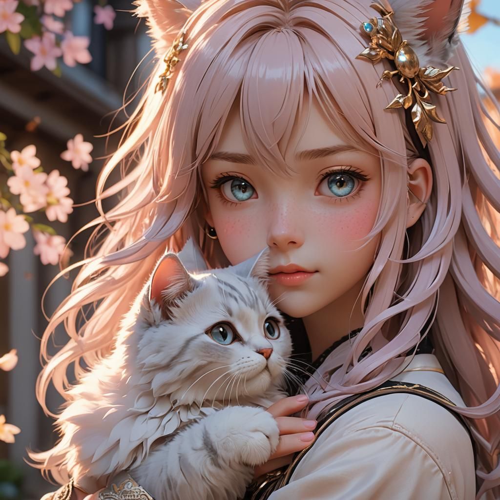 Anime Girl Holding Cat in Sunset Lighting
