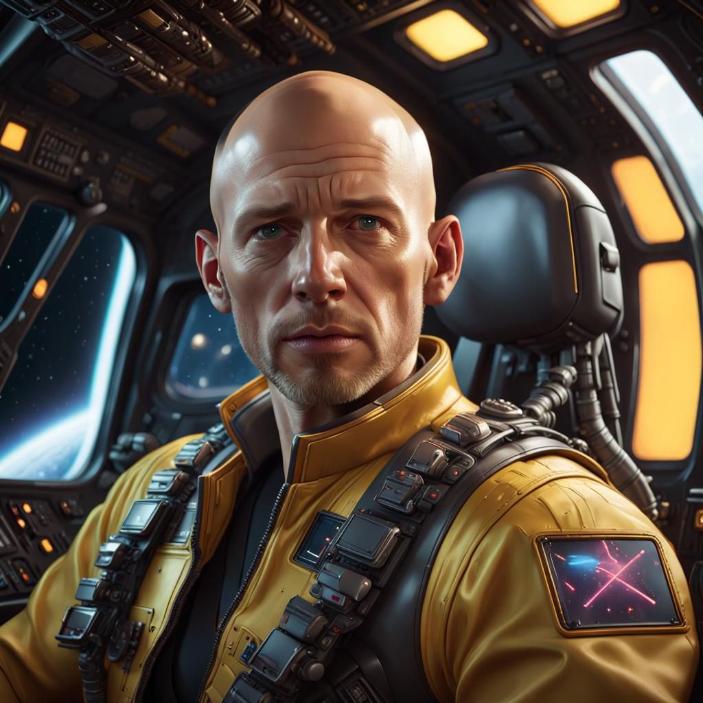 Photorealistic Pilot in Neon Lit Cockpit
