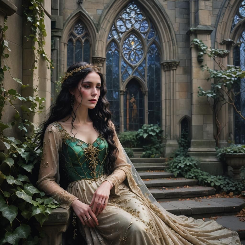 Elegant Woman in Gothic Courtyard at Dusk
