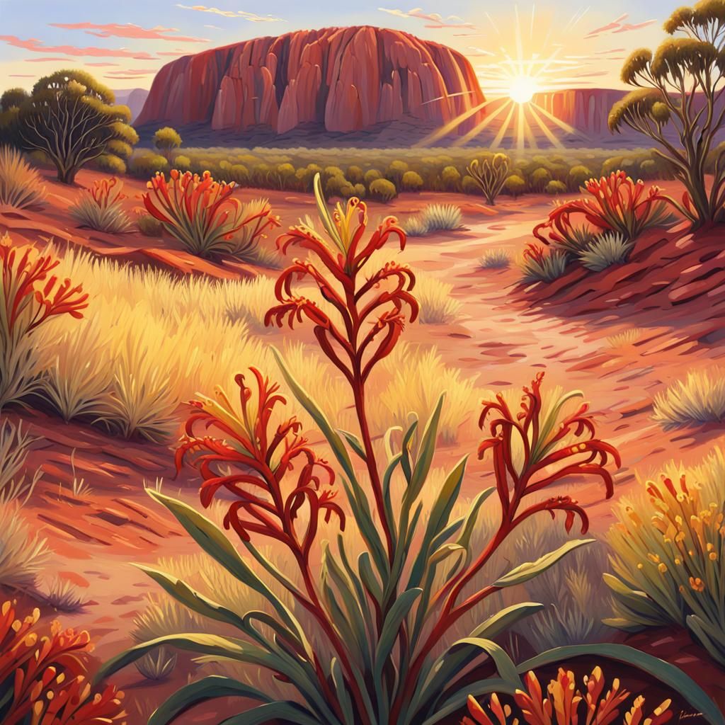 Uluru Sunset with Kangaroo Paw in Anime Style