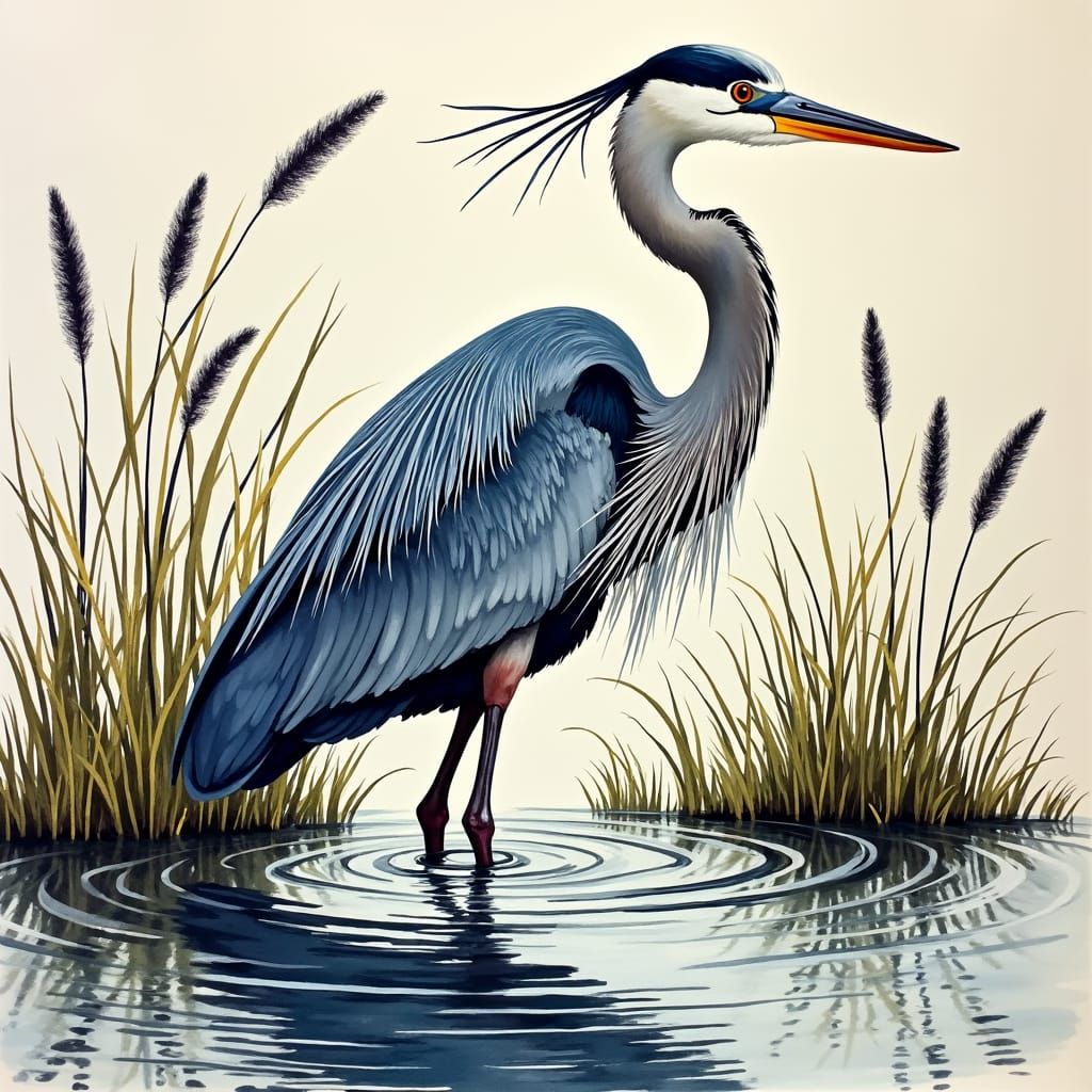 Great Blue Heron in Art Nouveau Ink Painting
