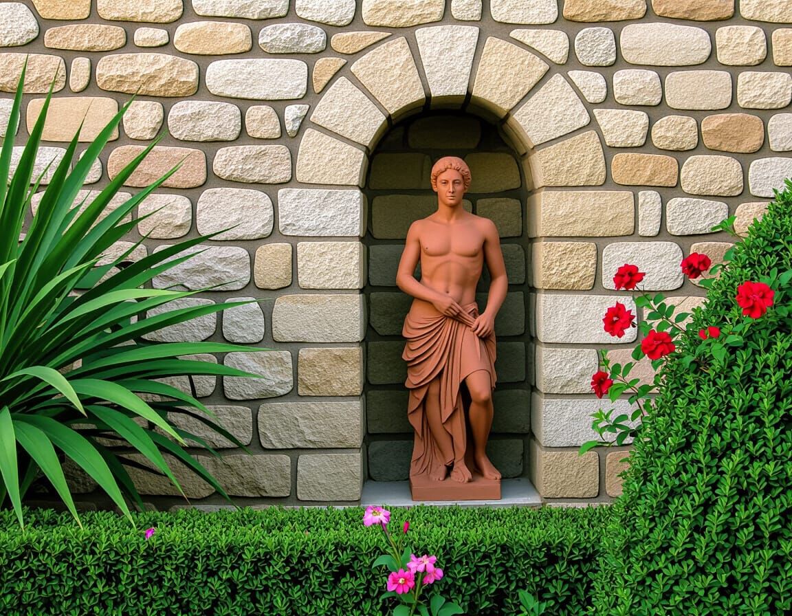 Terracotta Statue in Lush Garden Niche