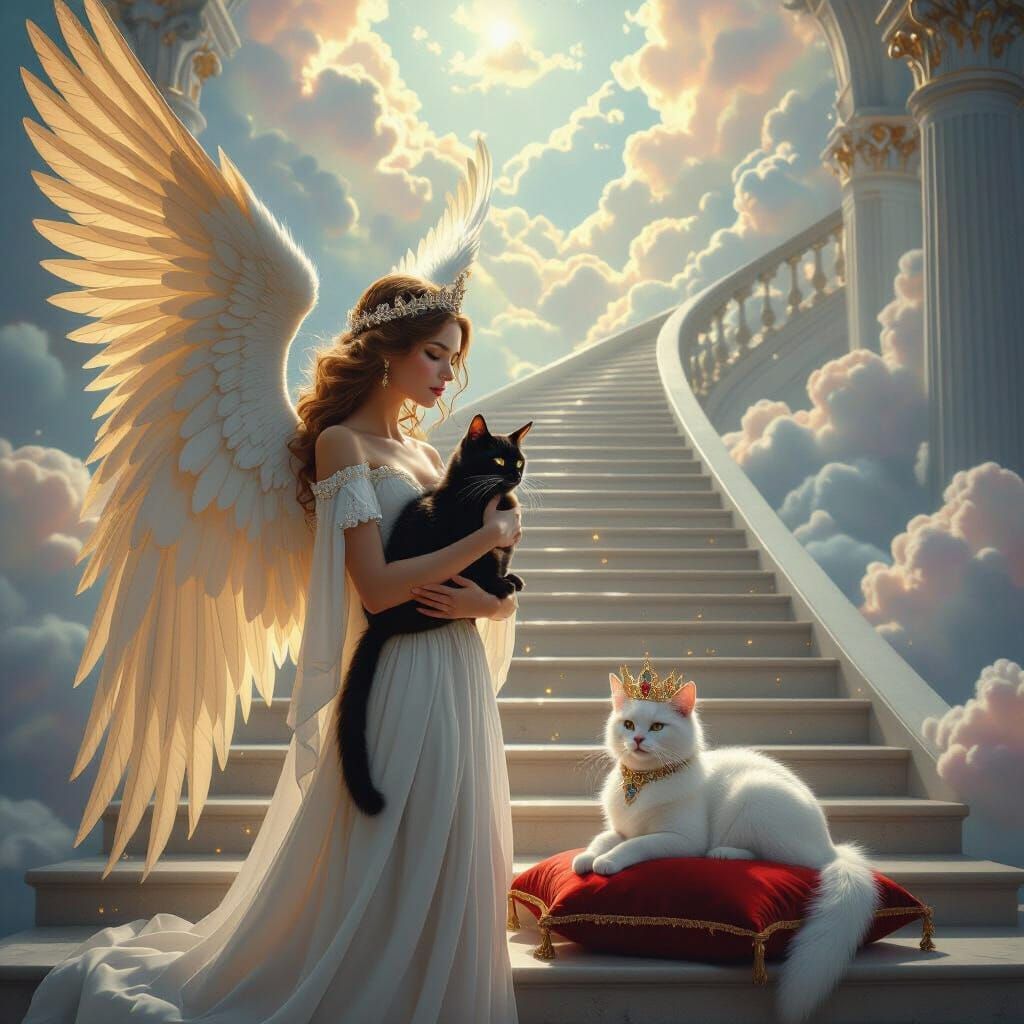 Angel with Golden Wings and Black Cat in Celestial Realm
