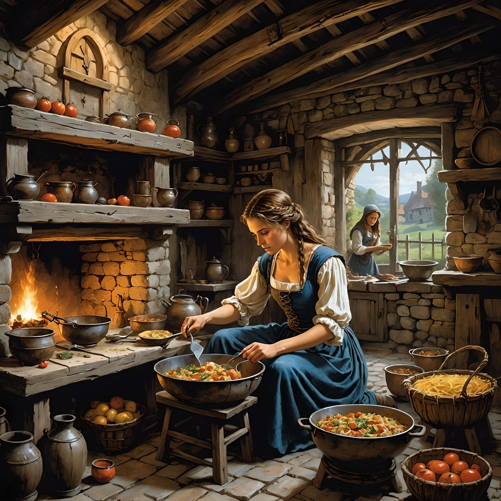 Medieval Peasant Girl Preparing Meal: Comic Book Style
