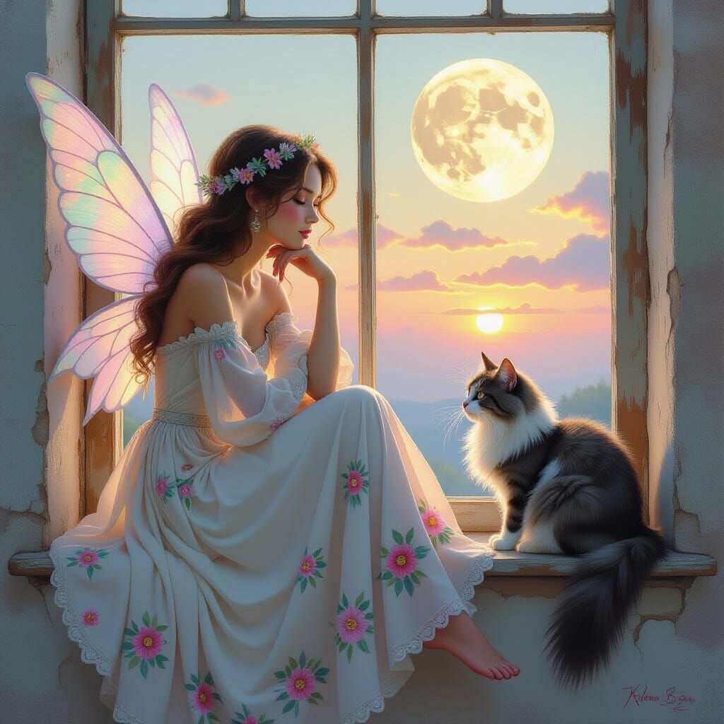 Fairy and Cat Contemplate Sunset in Fantasy Art Style