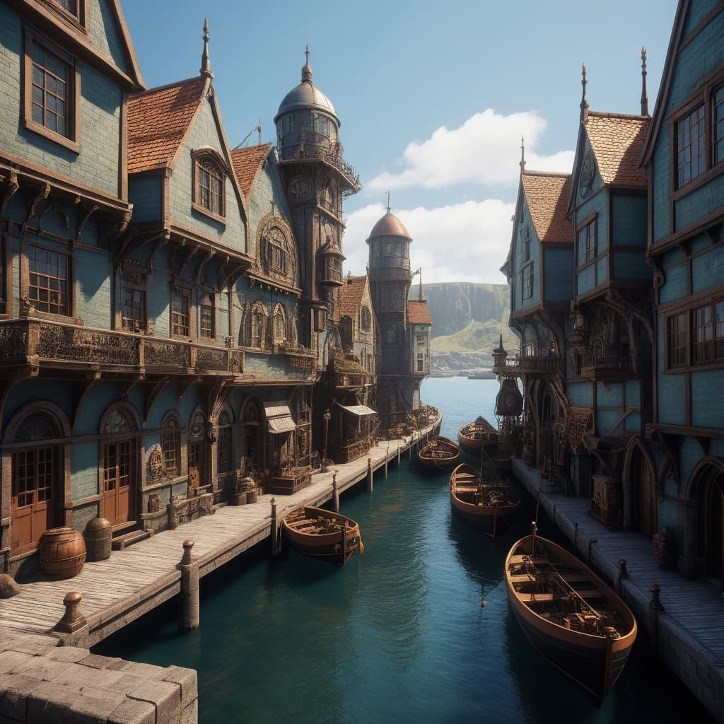 Square-Shaped Steampunk Cityscape with Cozy Fantasy Vibe