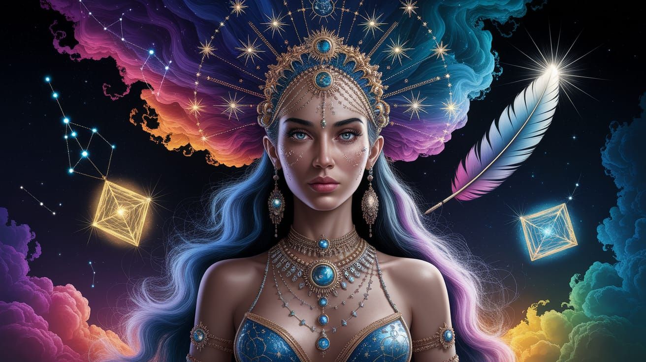 Cosmic Shamaness Artwork with Smoke Hair and Stars