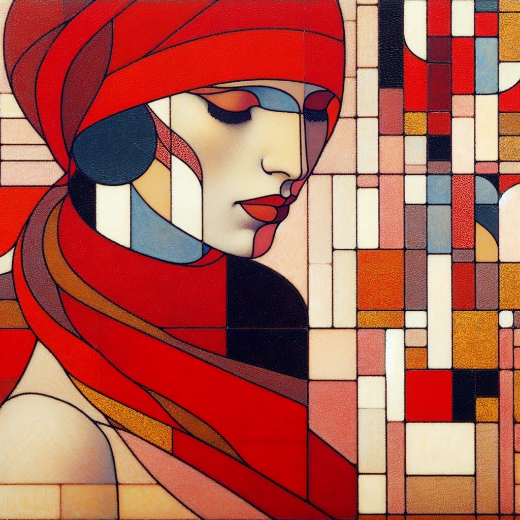 Woman in Red Scarf: Post-Impressionist Geometric Fusion
