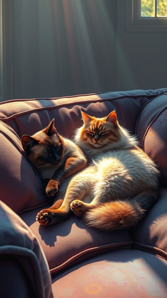 Siamese Cat and a Persian Cat Sleeping together on a Large C...