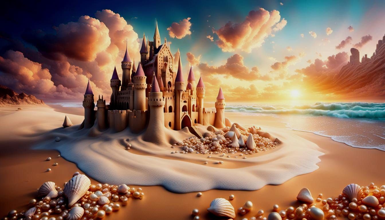 Fantasy Sandcastle at Sunset in Surrealist Style