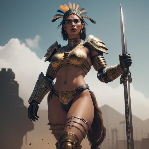 Aztec Warrior Woman with Flaming Sword in Cyberpunk Style