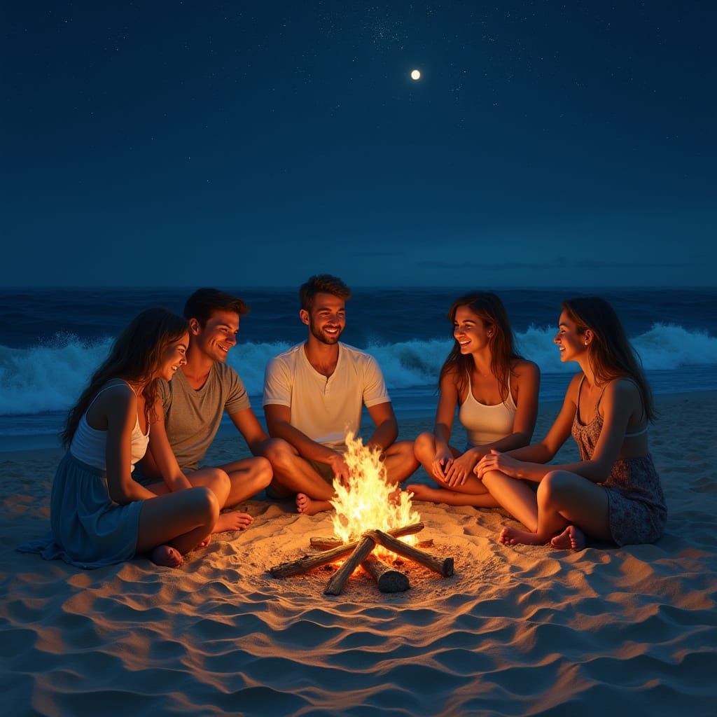 Beach Bonfire Under Starlight: Impressionistic Digital Paint...